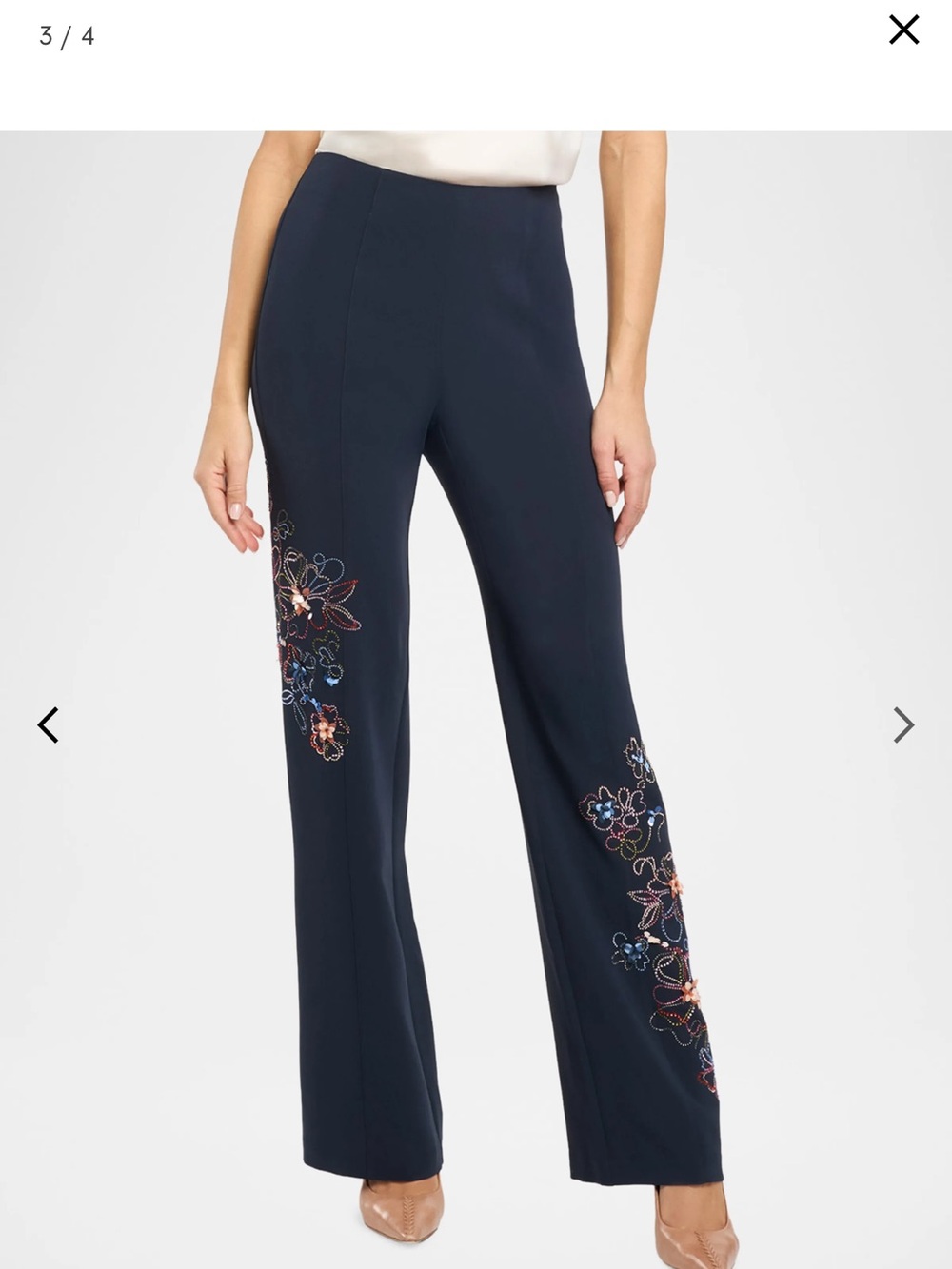 cinq a sept Navy Wide-Leg Pants with Multicolor Floral Embroidery